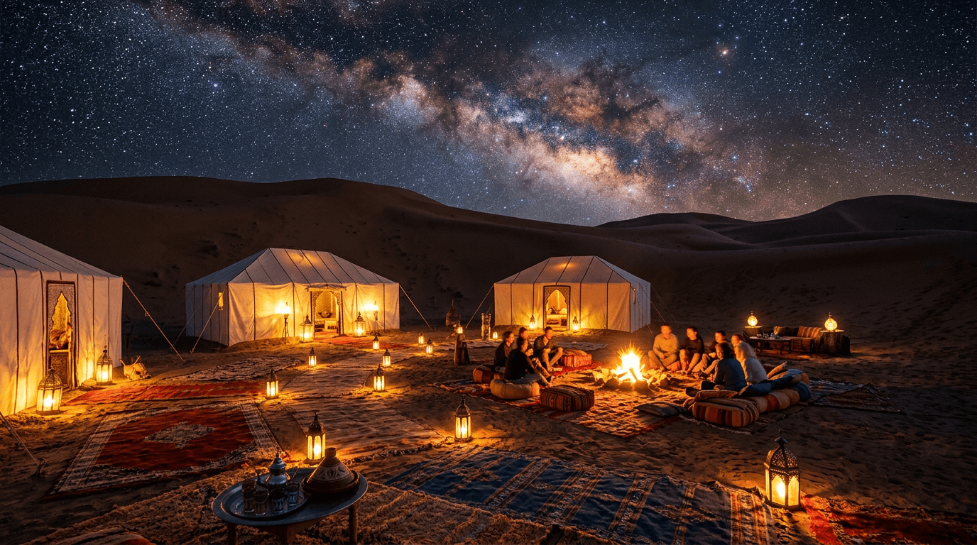 Luxury desert camp glowing with lanterns beneath the Sahara night sky